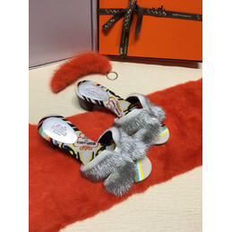 Replica Hermes Gray Floral Fur H Slide Slipper
