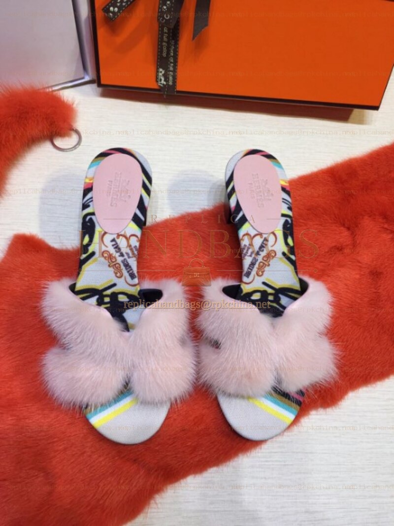Replica Hermes Blush Fur H Slide Slipper
