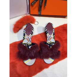 Replica Hermes Burgundy Fur H Slide Slipper