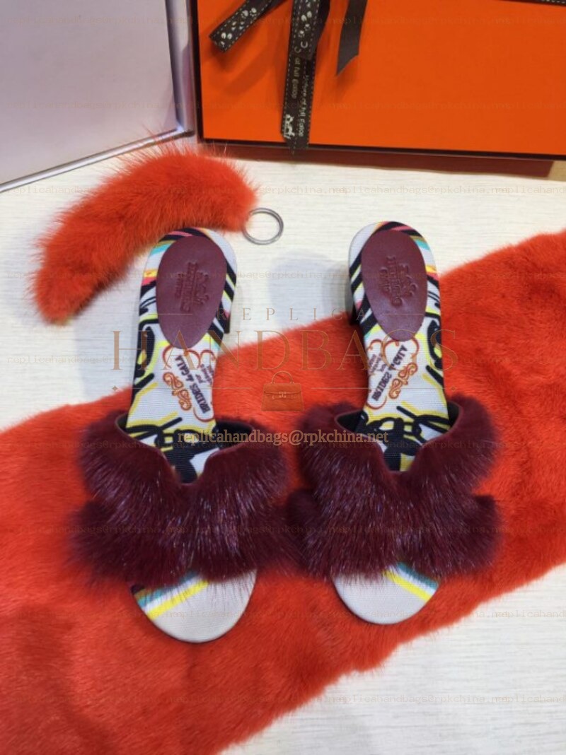 Replica Hermes Burgundy Fur H Slide Slipper