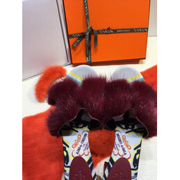 Replica Hermes Burgundy Fur H Slide Slipper