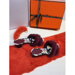 Replica Hermes Burgundy Fur H Slide Slipper