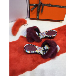 Replica Hermes Burgundy Fur H Slide Slipper