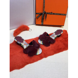 Replica Hermes Burgundy Fur H Slide Slipper