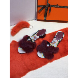 Replica Hermes Burgundy Fur H Slide Slipper
