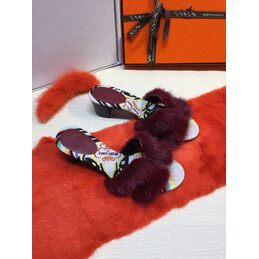 Replica Hermes Burgundy Fur H Slide Slipper