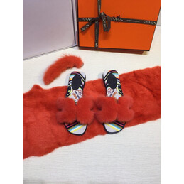 Replica Hermes Red Floral Fur H Slide Slipper