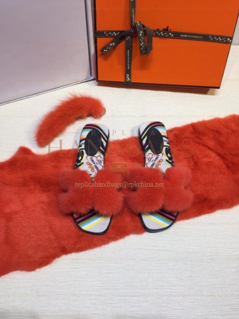 Replica Hermes Red Floral Fur H Slide Slipper