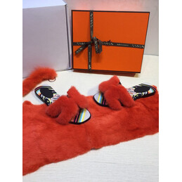 Replica Hermes Red Floral Fur H Slide Slipper