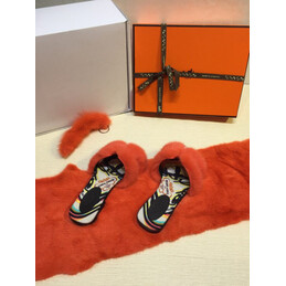 Replica Hermes Red Floral Fur H Slide Slipper