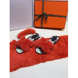 Replica Hermes Red Floral Fur H Slide Slipper