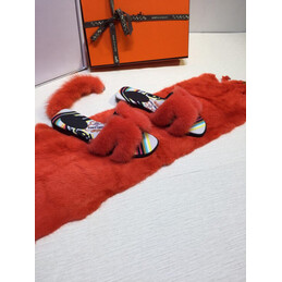 Replica Hermes Red Floral Fur H Slide Slipper