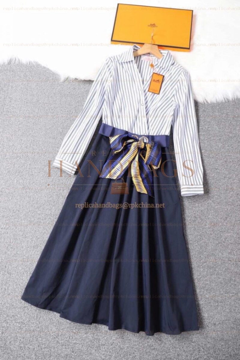 Replica Hermes White Navy Pleated Dress