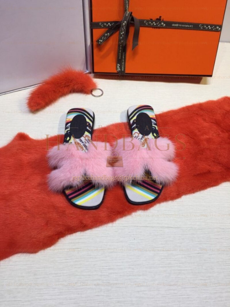 Replica Hermes Pink Floral Fur H Slide Slipper