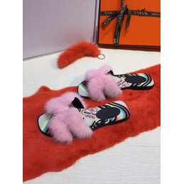 Replica Hermes Pink Floral Fur H Slide Slipper