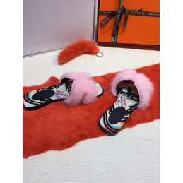 Replica Hermes Pink Floral Fur H Slide Slipper