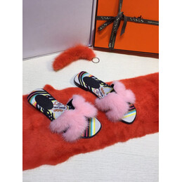 Replica Hermes Pink Floral Fur H Slide Slipper
