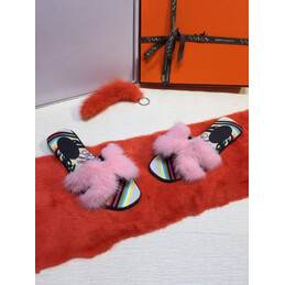 Replica Hermes Pink Floral Fur H Slide Slipper