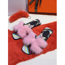Replica Hermes Pink Floral Fur H Slide Slipper
