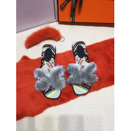 Replica Hermes Light Gray Fur H Slide Slipper