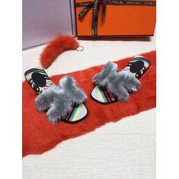 Replica Hermes Light Gray Fur H Slide Slipper