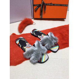 Replica Hermes Light Gray Fur H Slide Slipper