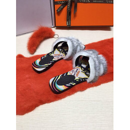 Replica Hermes Light Gray Fur H Slide Slipper