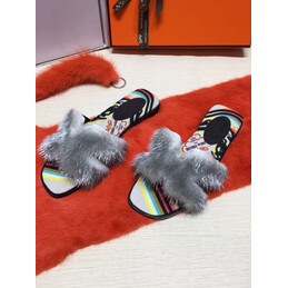 Replica Hermes Light Gray Fur H Slide Slipper