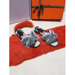 Replica Hermes Light Gray Fur H Slide Slipper