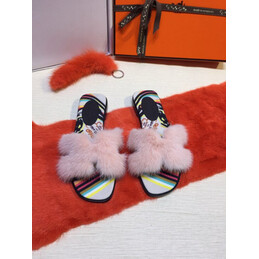 Replica Hermes Light Pink Fur H Slide Slipper