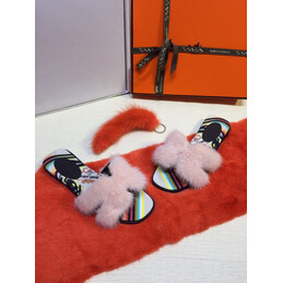 Replica Hermes Light Pink Fur H Slide Slipper