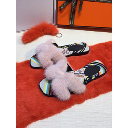 Replica Hermes Light Pink Fur H Slide Slipper