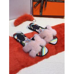 Replica Hermes Light Pink Fur H Slide Slipper