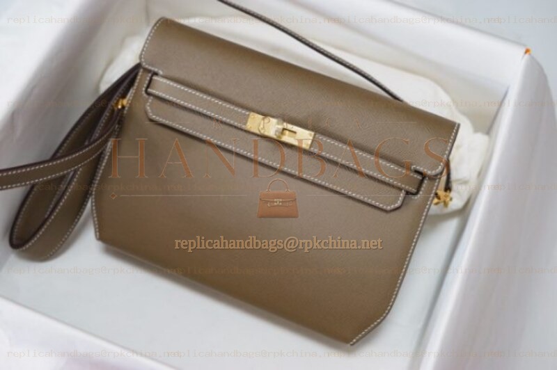 Replica Hermes Taupe Kelly Depeches 25 Pouch Gold Hardware