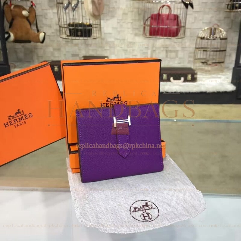 Replica Hermes Purple Bearn Compact Wallet Silver H Hardware