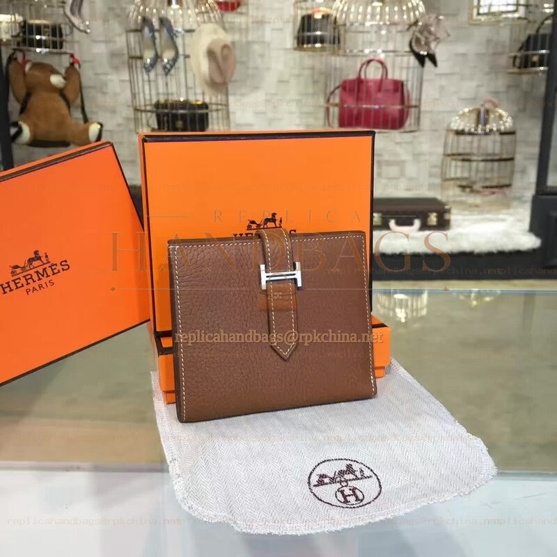 Replica Hermes Taupe Bearn Compact Wallet Silver H Hardware