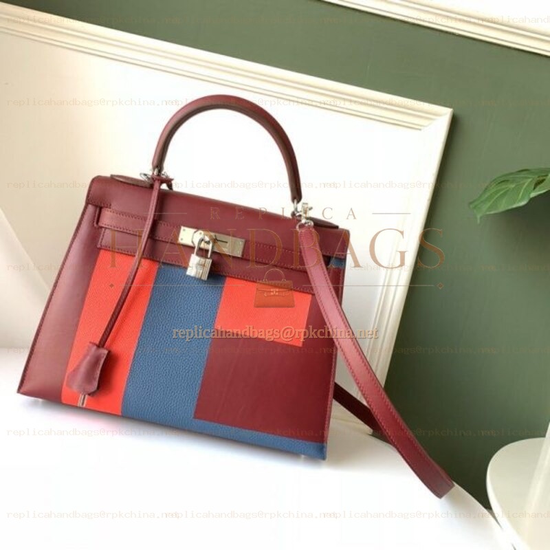 Replica Hermes Burgundy Navy Colorblock Kelly 28 Bag