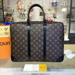 Replica Louis Vuitton Brown Monogram Navy Blue Trim Porte Documents Voyage