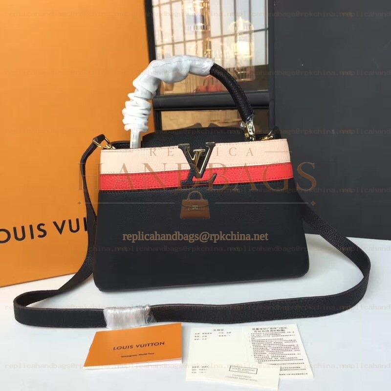 Replica Louis Vuitton Black Red White Stripe Capucines BB
