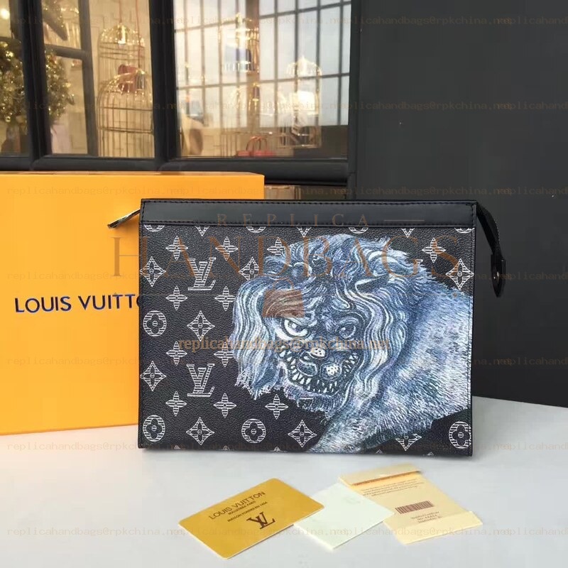 Replica Louis Vuitton Gray Monogram Eclipse Lion Pochette Voyage MM