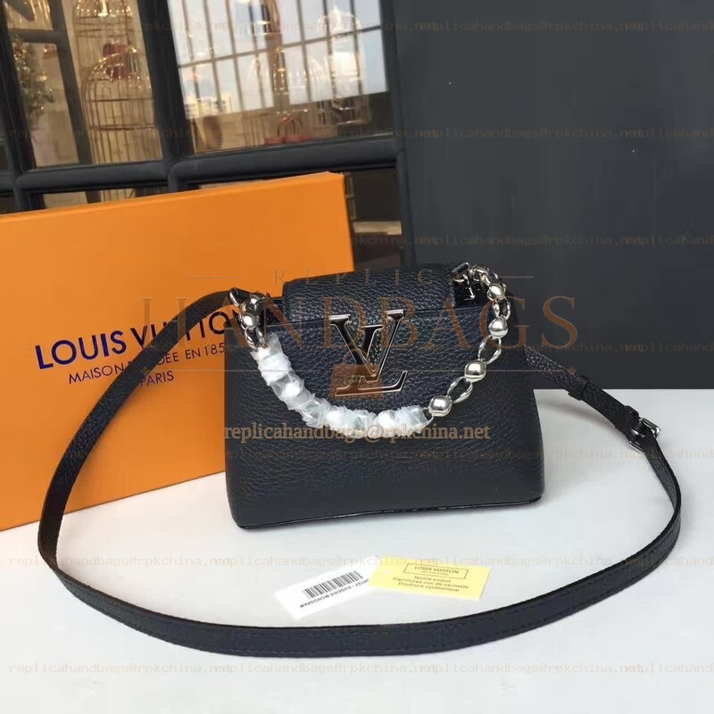 Replica Louis Vuitton Black Textured Pearl Chain Capucines Mini