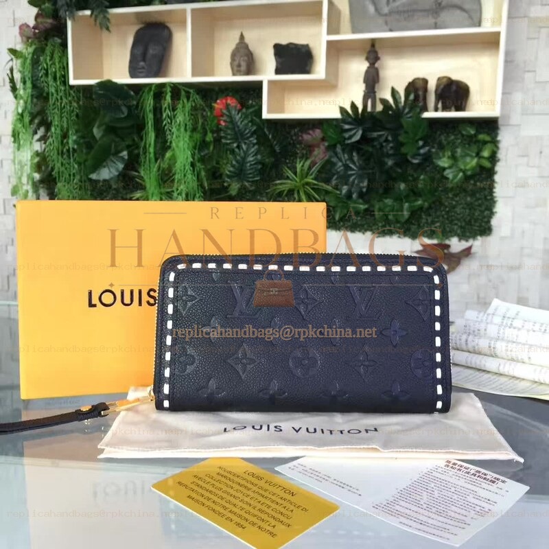 Replica Louis Vuitton Black Embossed Monogram White Stitch Zippy Wallet