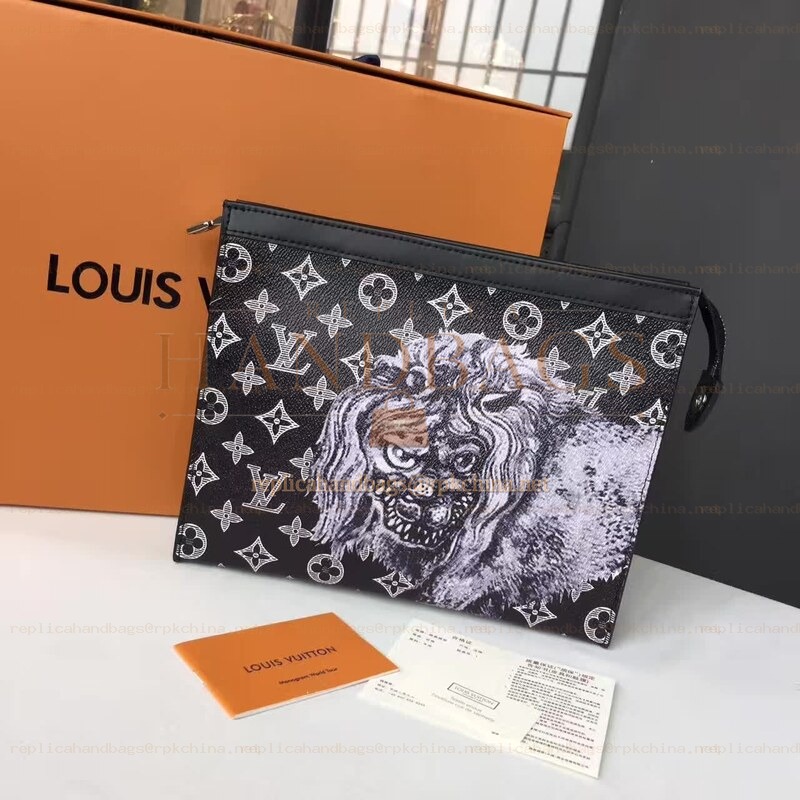 Replica Louis Vuitton Black Monogram Eclipse Lion Pochette Voyage MM