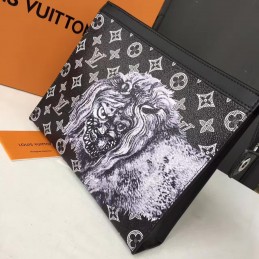 Replica Louis Vuitton Black Monogram Eclipse Lion Pochette Voyage MM