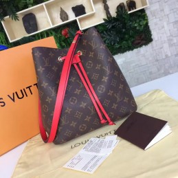 Replica Louis Vuitton Brown Monogram Red Drawstring Neo Noe MM