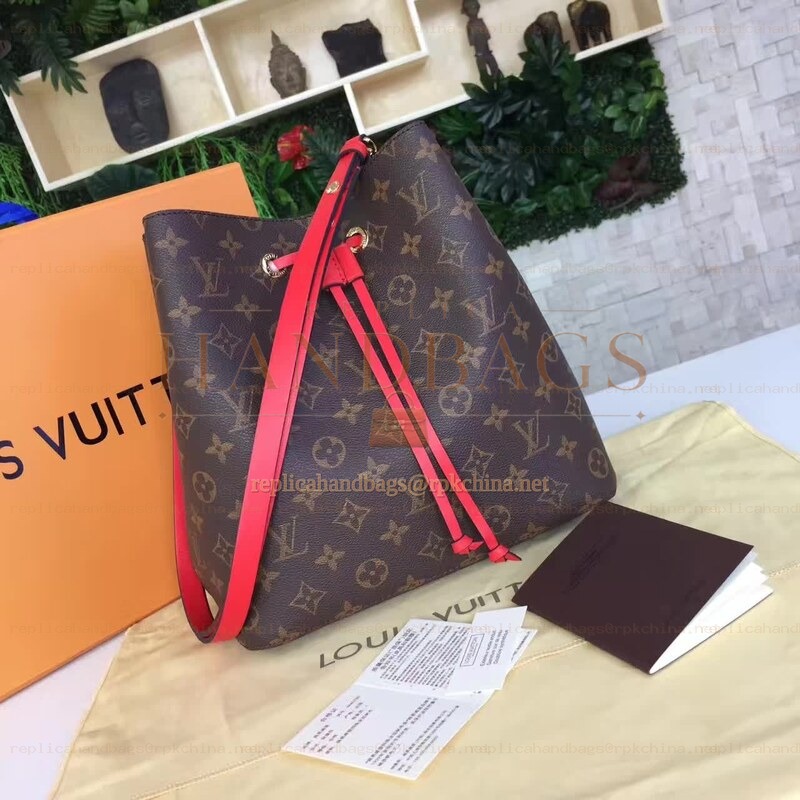 Replica Louis Vuitton Brown Monogram Red Drawstring Neo Noe MM