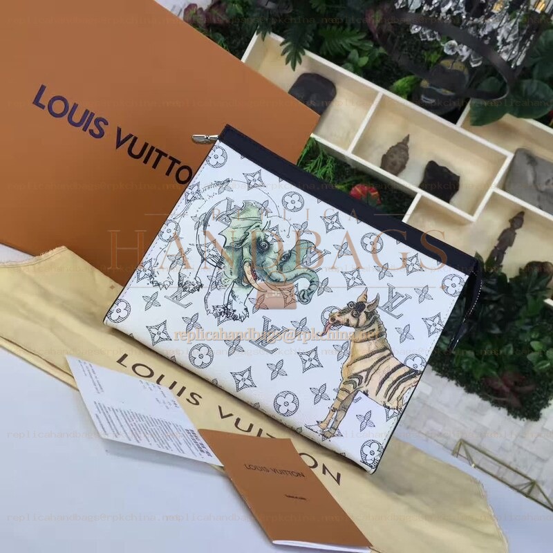 Replica Louis Vuitton White Savane Chapman Pochette Voyage MM Zip Pouch