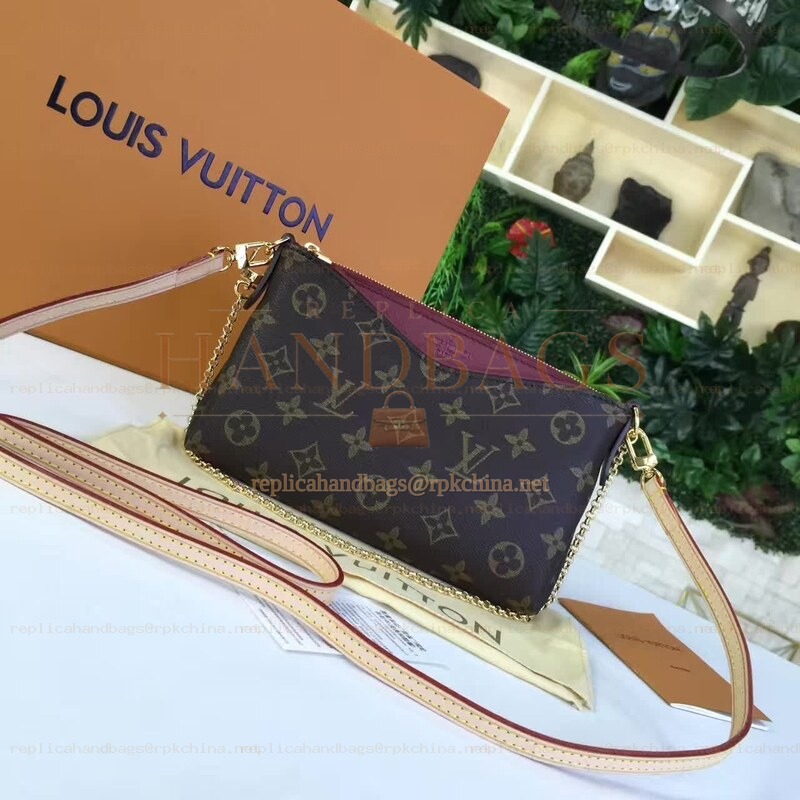 Replica Louis Vuitton Brown Monogram Burgundy Trim Pallas Clutch