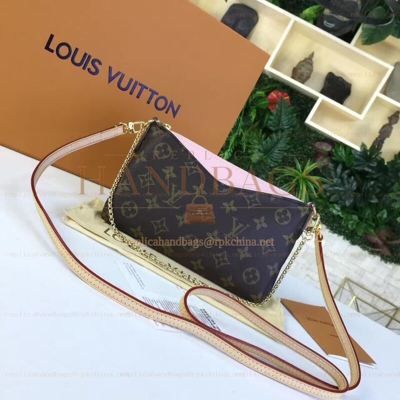 Replica Louis Vuitton Brown Monogram Pale Pink Trim Pallas Clutch