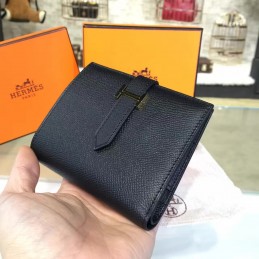 Replica Hermes Black Bearn Compact Wallet Silver Hardware